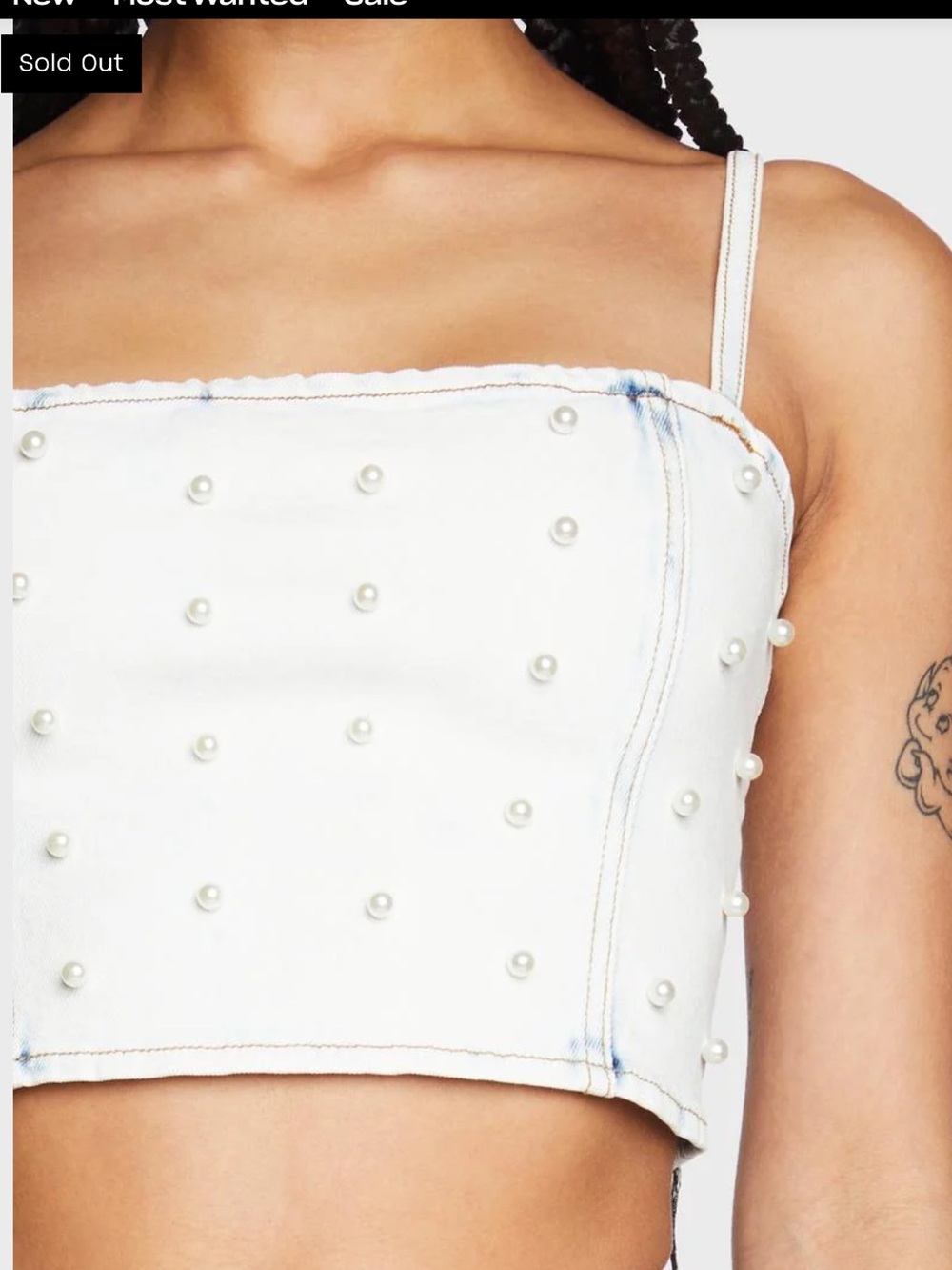Sugar Thrillz White Pearl-Embellished Denim Crop Top